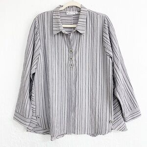 Habitat Grey Striped Lagenlook Button Front Blouse Sz L